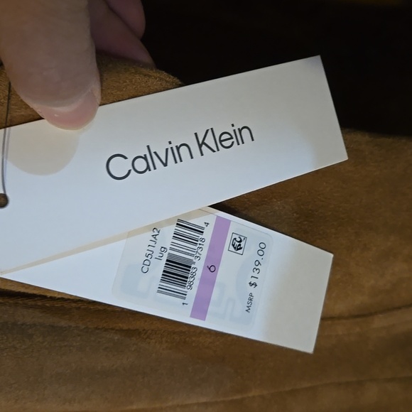 Elegant Tan Faux Suede Sleeveless Dress By Calvin Klien, Size 6, NWT - Picture 5 of 9